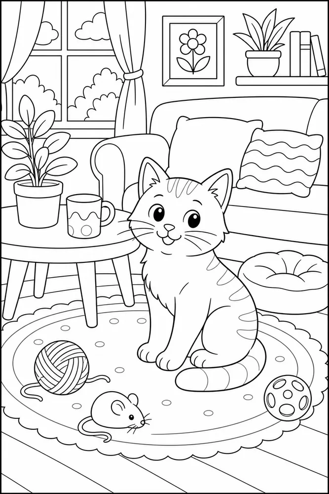 Cat near a coffee table with indoor toys coloring page