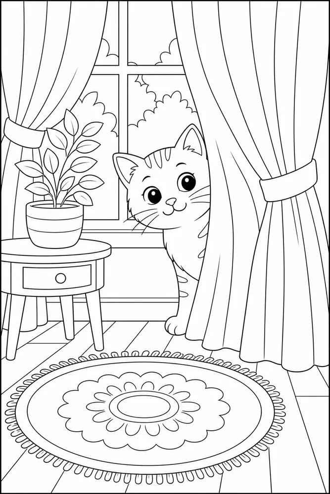 Cat peeking from behind indoor curtains coloring page