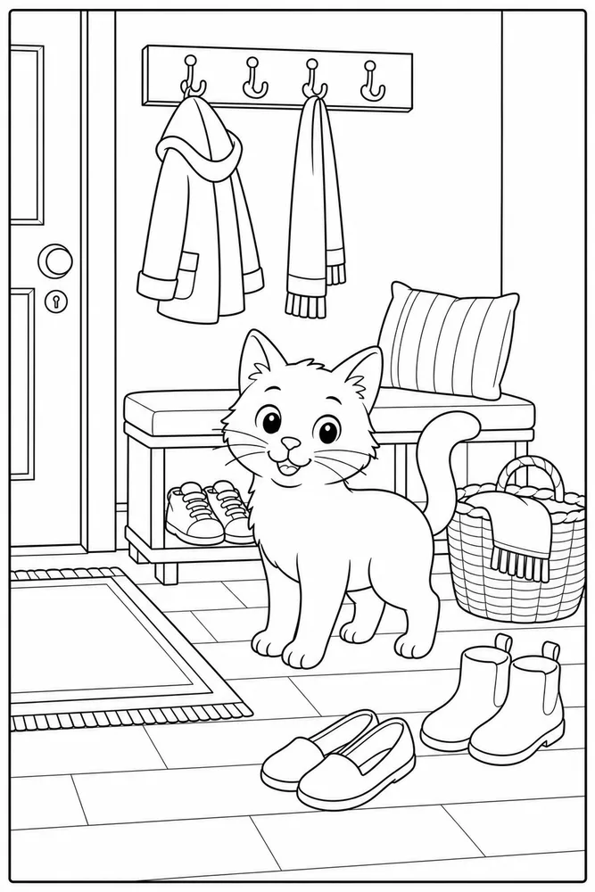 Cat near an entryway bench and shoes coloring page