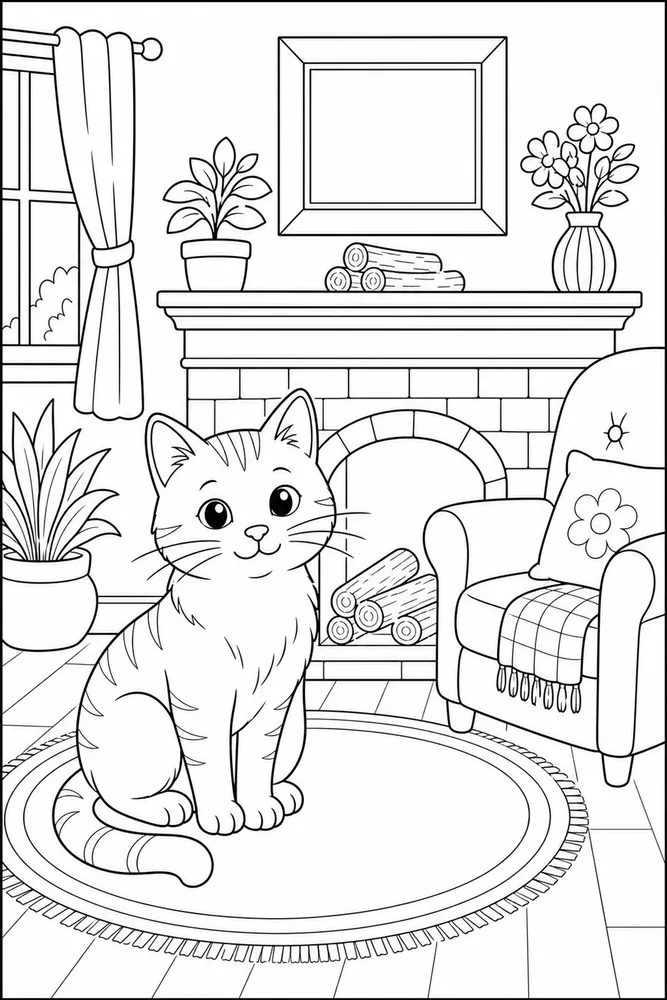 Cat near a fireplace mantel coloring page