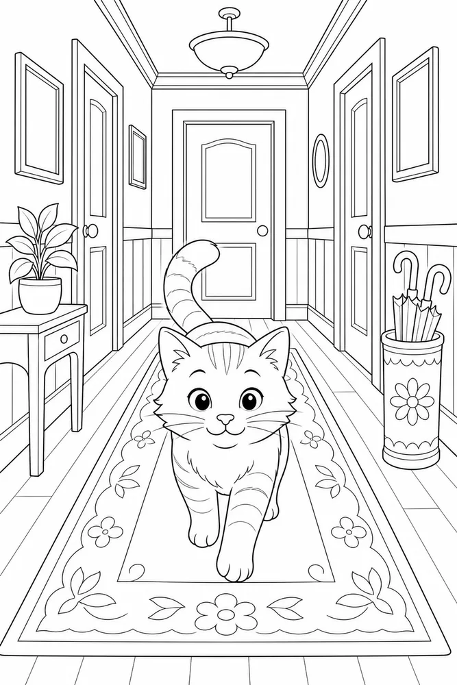 Cat walking along an indoor hallway runner coloring page