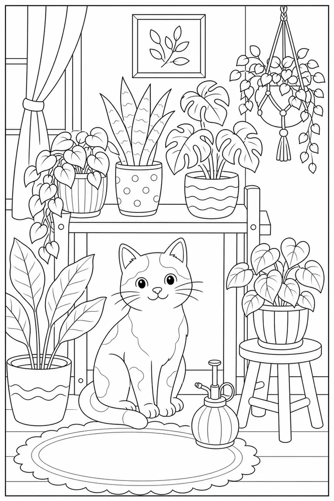 Cat under a houseplant shelf coloring page