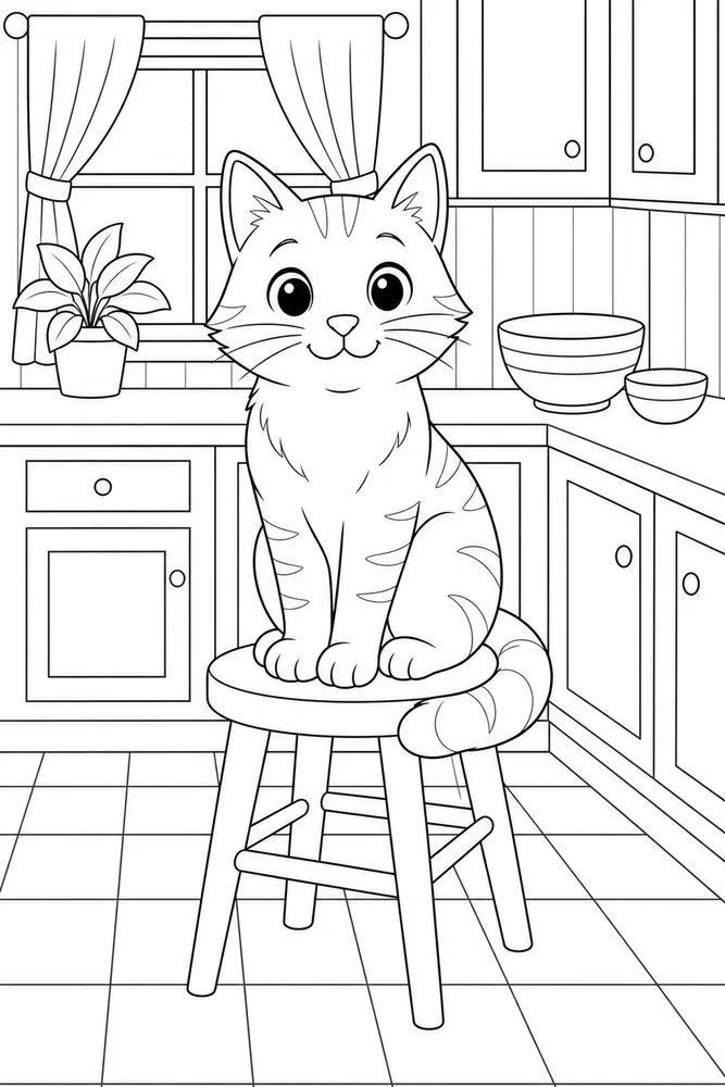Cat sitting on a kitchen stool coloring page