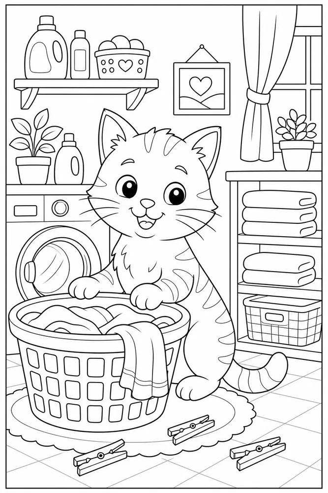 Cat beside a laundry basket and folded towels coloring page