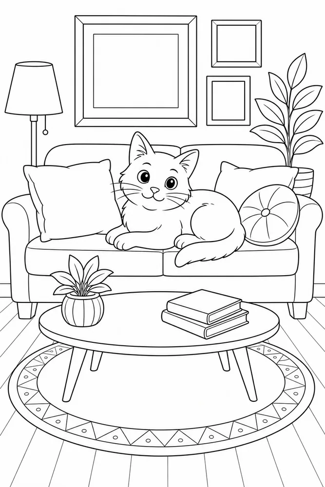 Cat relaxing on a living room sofa with cushions coloring page