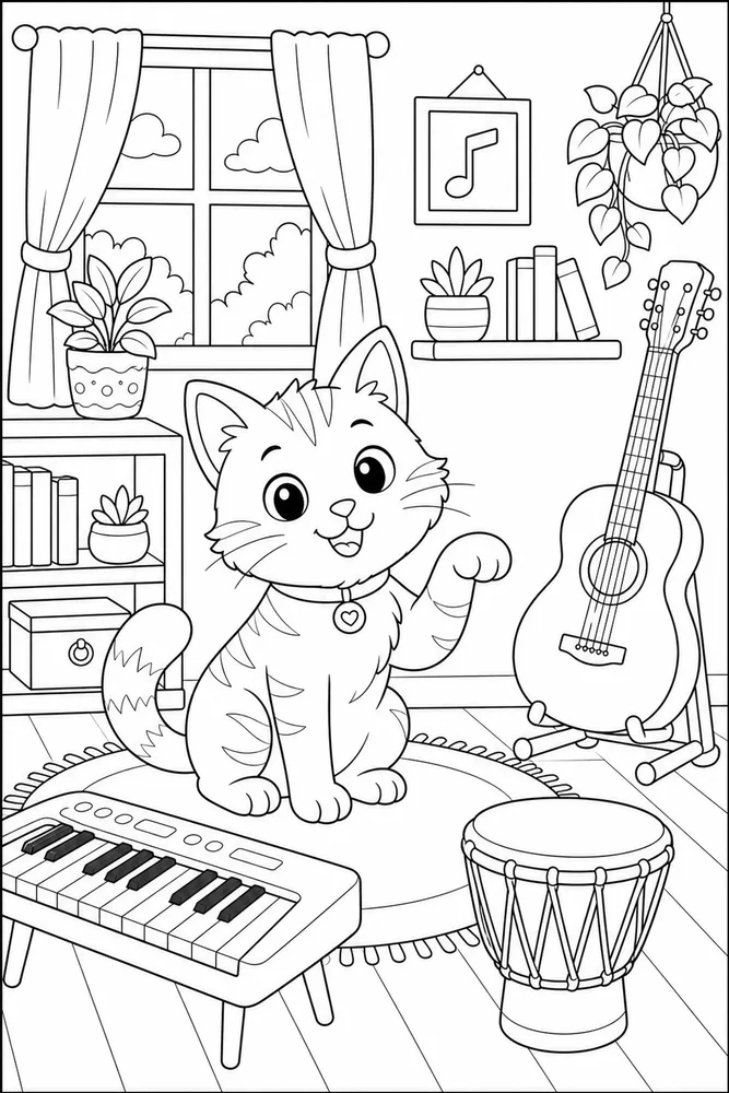 Cat in a music corner with instruments coloring page