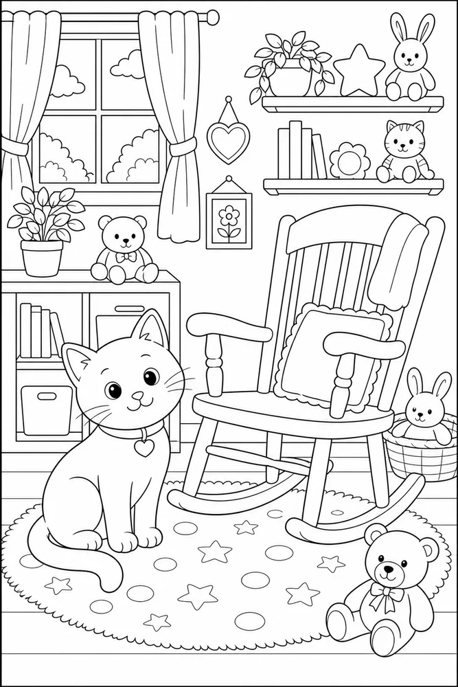 Cat beside a nursery rocking chair coloring page