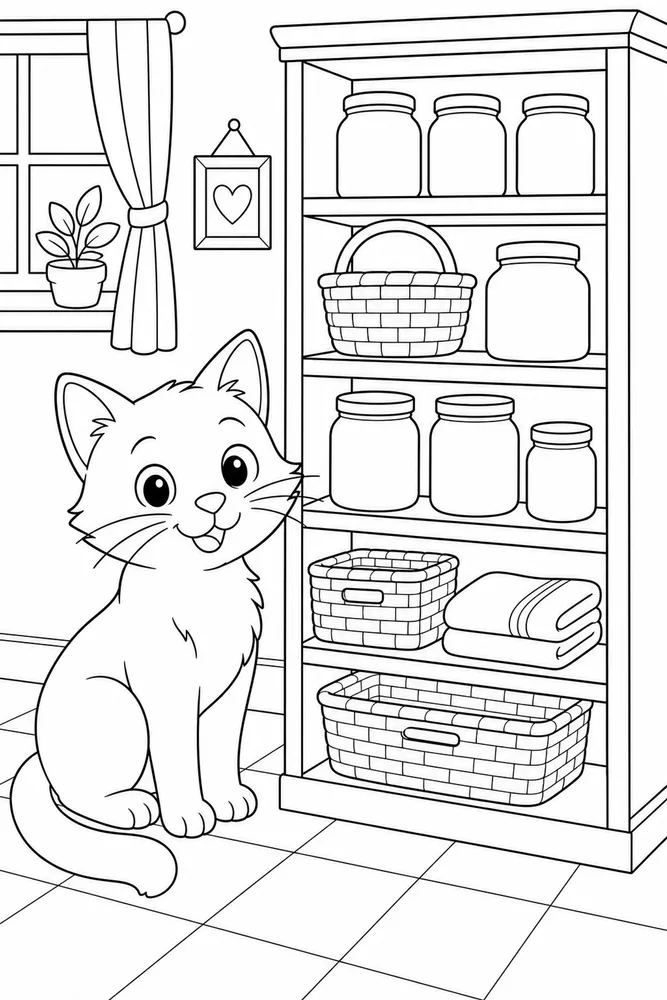 Cat beside pantry shelves with blank jars coloring page