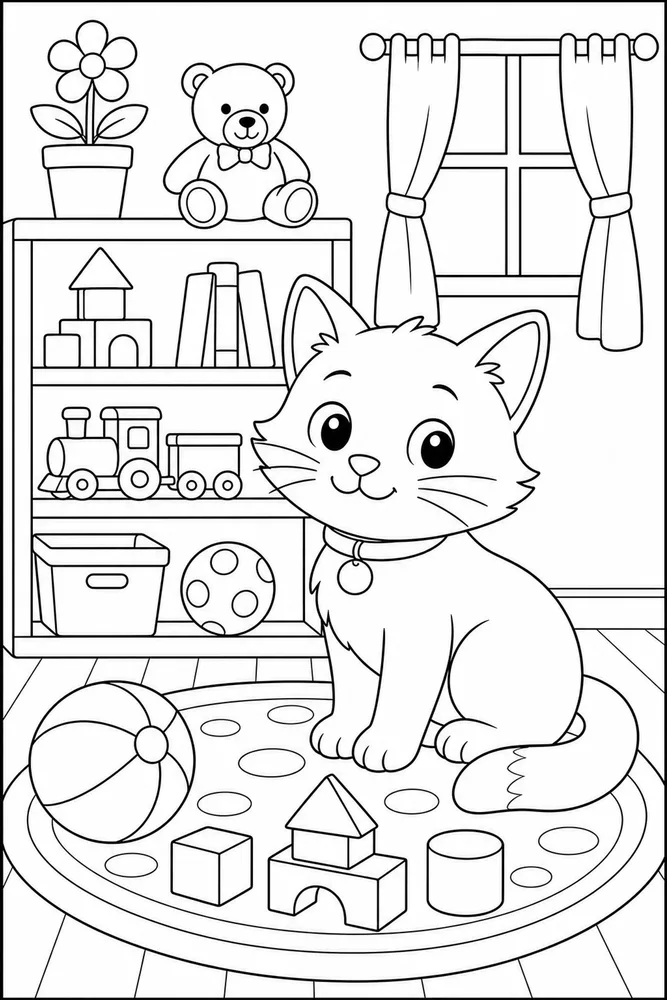 Cat near a playroom shelf with toys coloring page