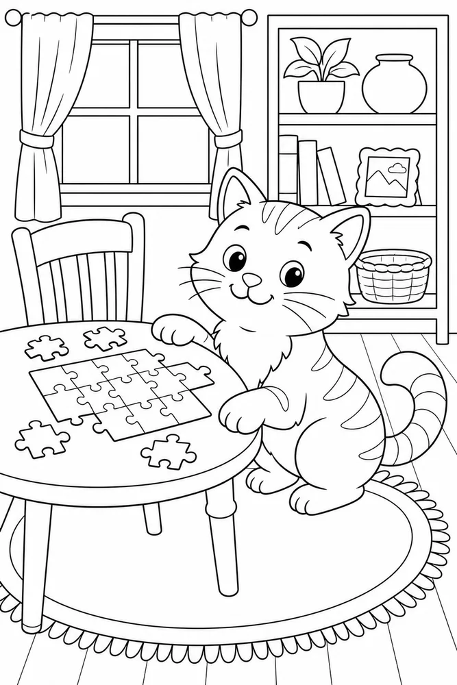 Cat by a puzzle table with puzzle shapes coloring page