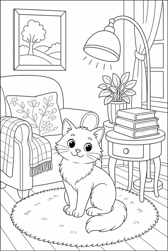 Cat under a reading lamp beside a chair coloring page