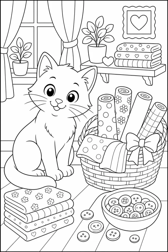 Cat beside a sewing basket and fabric rolls coloring page