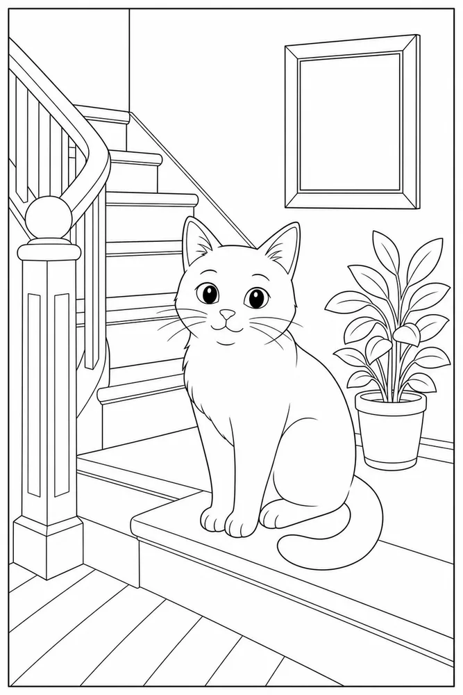 Cat sitting on an indoor stair landing coloring page