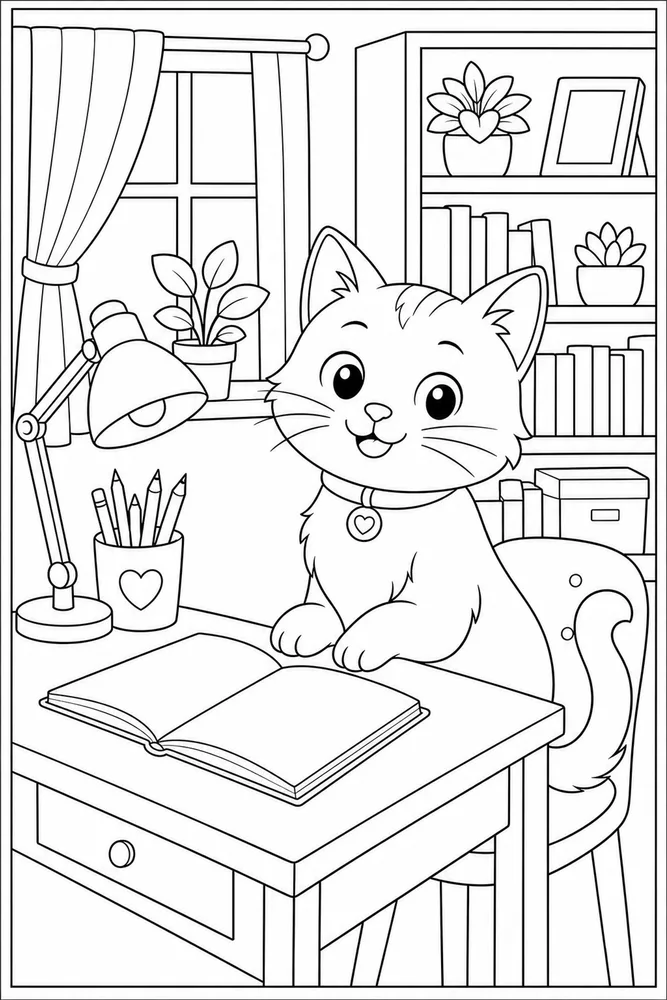 Cat beside a study desk and lamp coloring page
