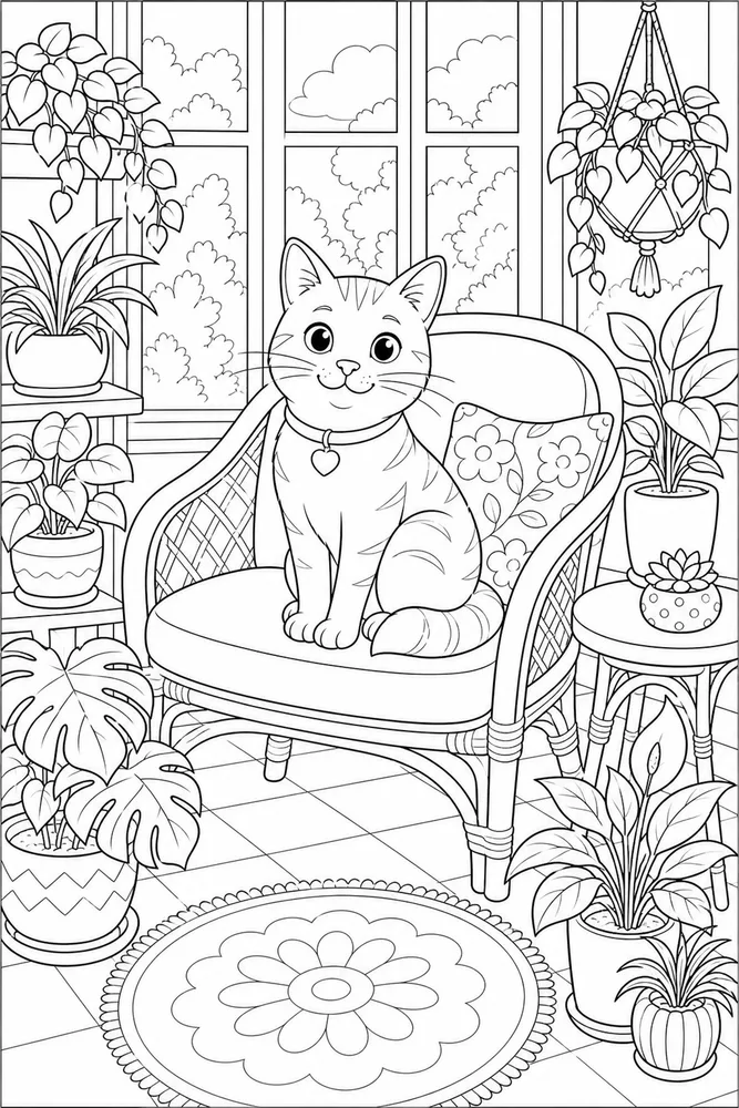 Cat in a sunroom chair with plants coloring page
