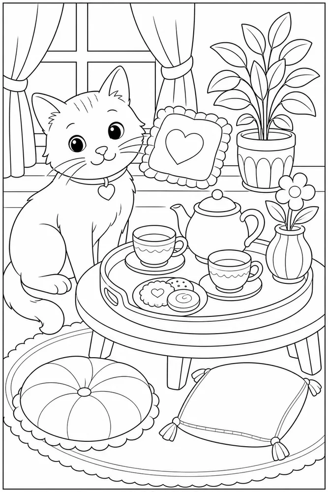 Cat beside an indoor tea tray coloring page