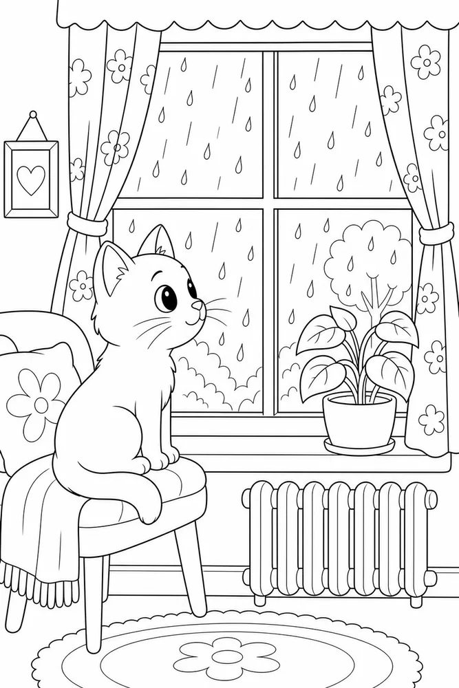 Cat watching rain from an indoor window coloring page