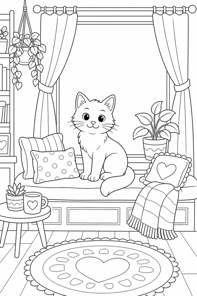 Cat on a window seat with curtains coloring page