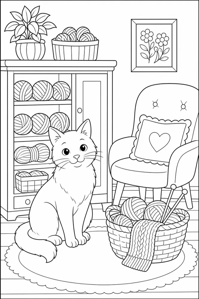 Cat beside a yarn cabinet coloring page