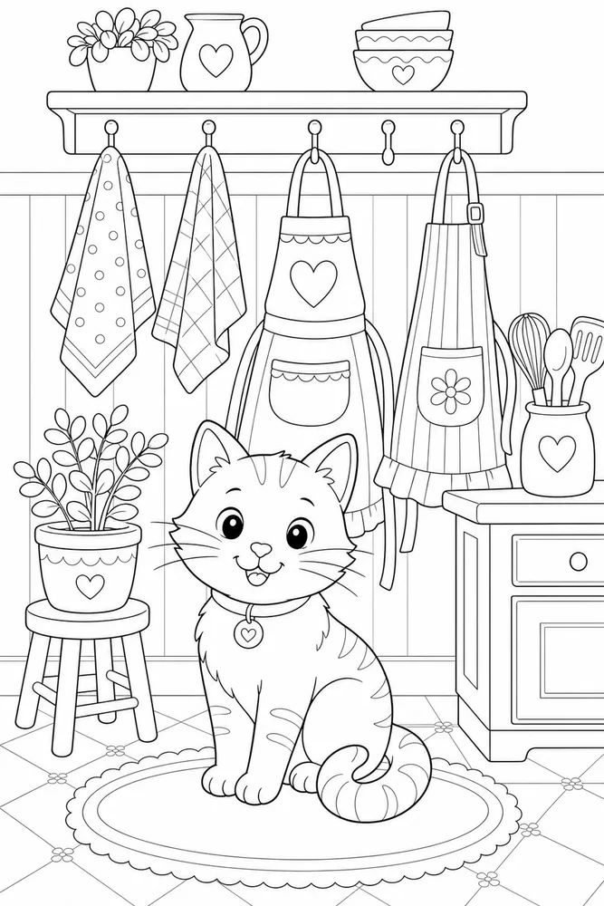 Cat under hanging aprons and kitchen towels coloring page