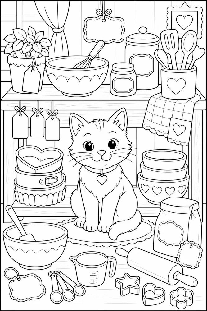 Cat under a baking shelf with bowls and tins coloring page