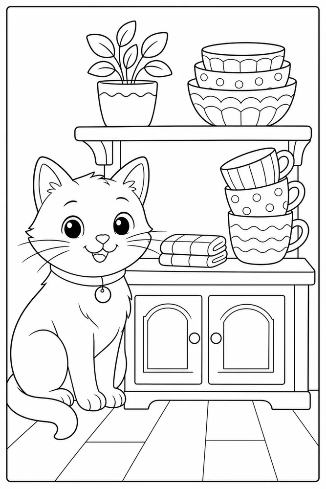Cat beside a kitchen shelf of nested bowls coloring page