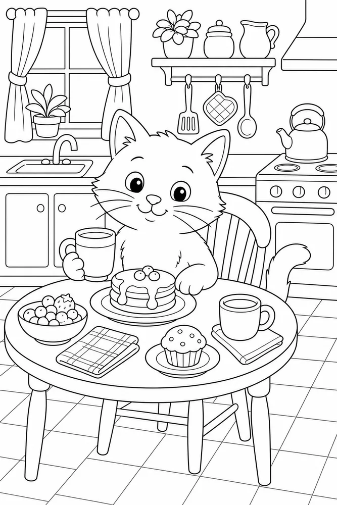 Cat at a kitchen breakfast table coloring page