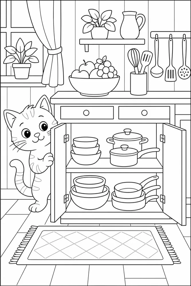 Cat peeking beside an open kitchen cabinet coloring page