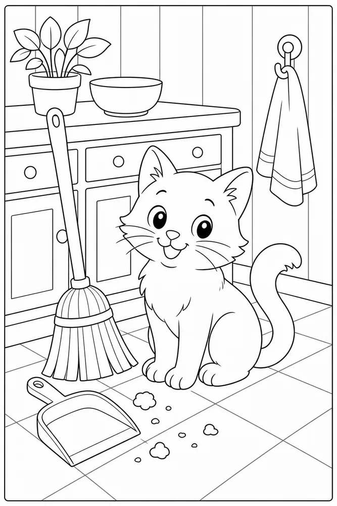 Cat beside a broom and dustpan in a kitchen coloring page