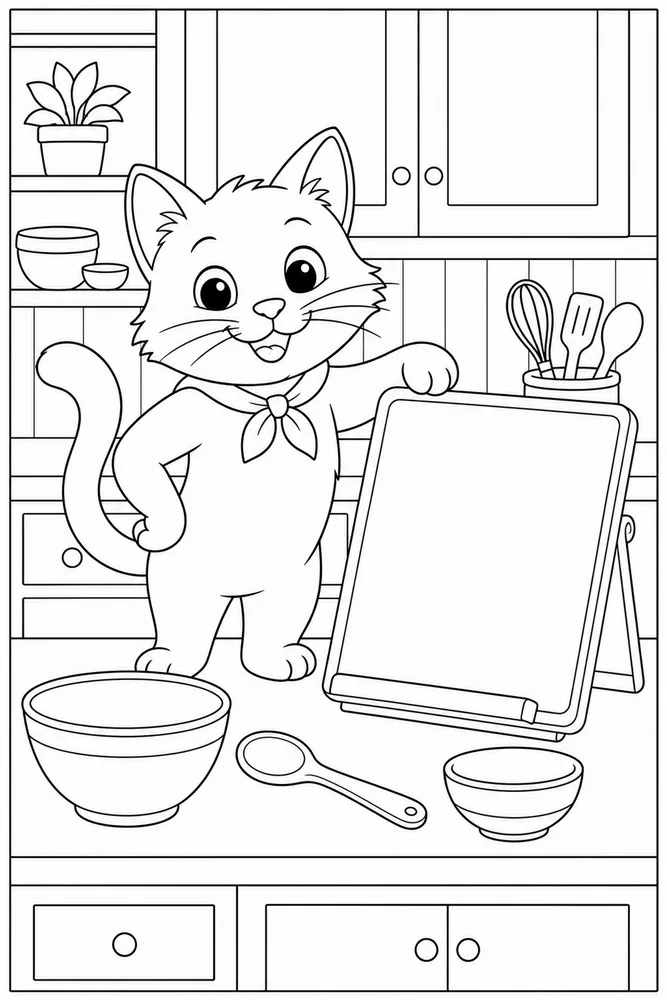 Cat beside a blank cookbook stand coloring page