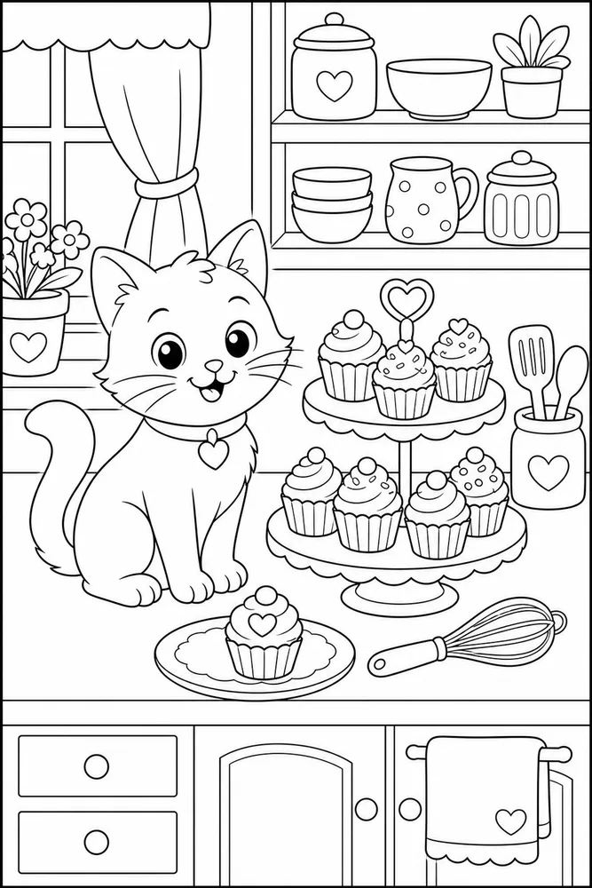 Cat beside a cupcake stand in a kitchen coloring page
