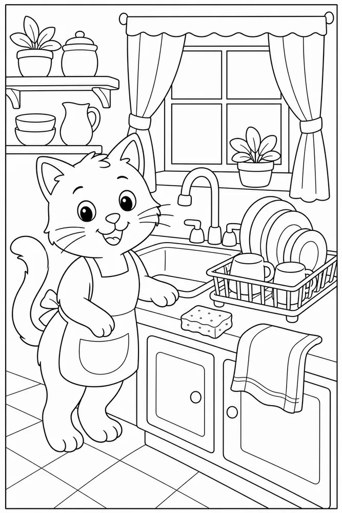 Cat beside a dish rack with clean plates coloring page