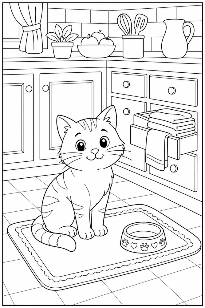Cat sitting on a kitchen floor mat coloring page