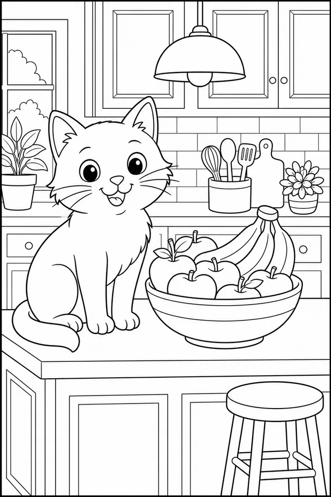 Cat beside a fruit bowl on a kitchen island coloring page