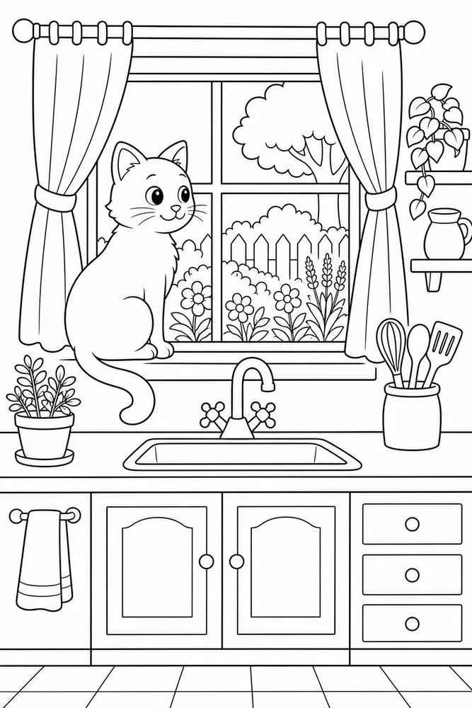 Cat looking through a kitchen window coloring page