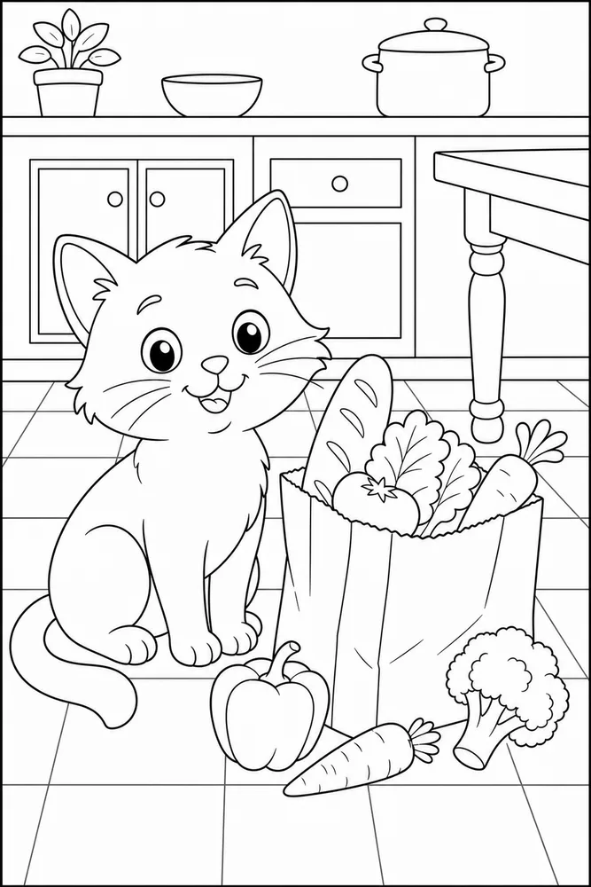 Cat beside a grocery bag on a kitchen floor coloring page