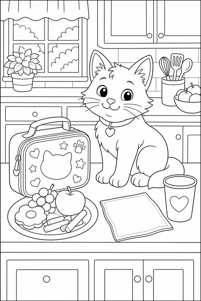 Cat beside a lunchbox on a kitchen counter coloring page