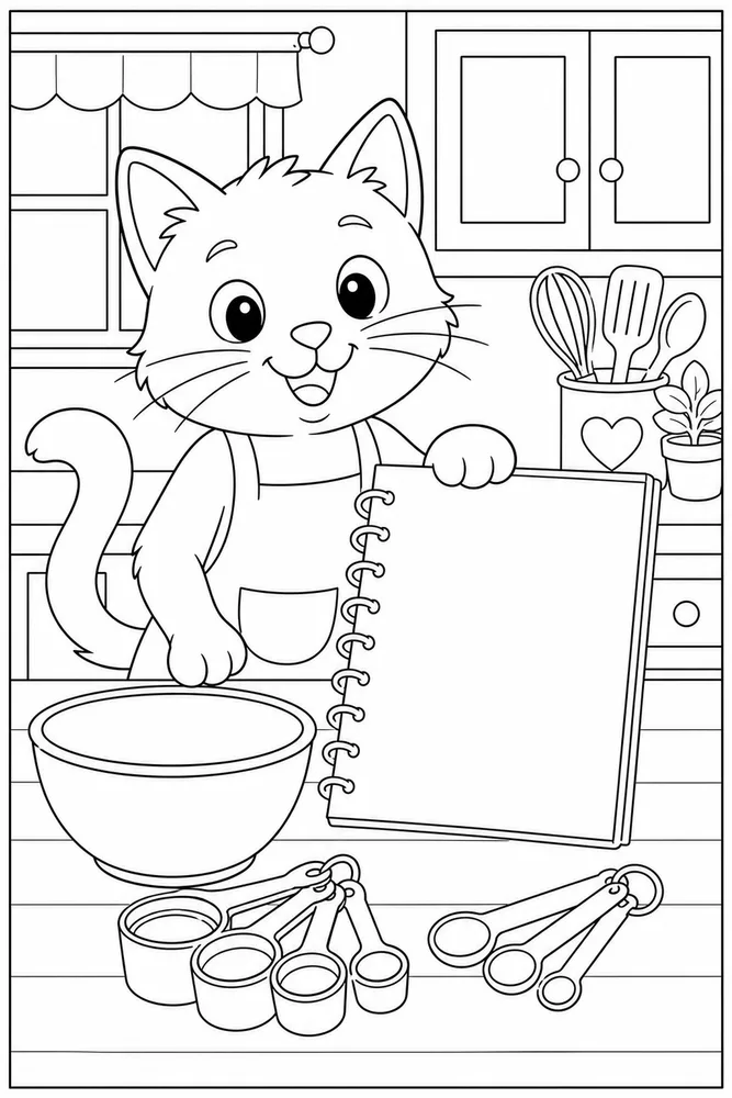 Cat beside measuring cups and spoons coloring page
