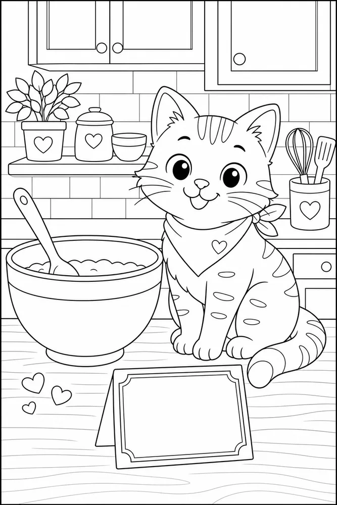Kitchen Cat Coloring Pages preview: Cat beside a mixing bowl on a kitchen counter coloring page