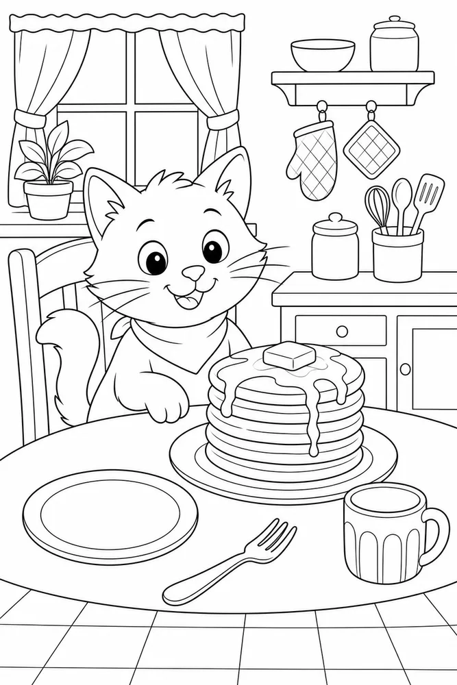 Cat beside a pancake stack on a kitchen table coloring page
