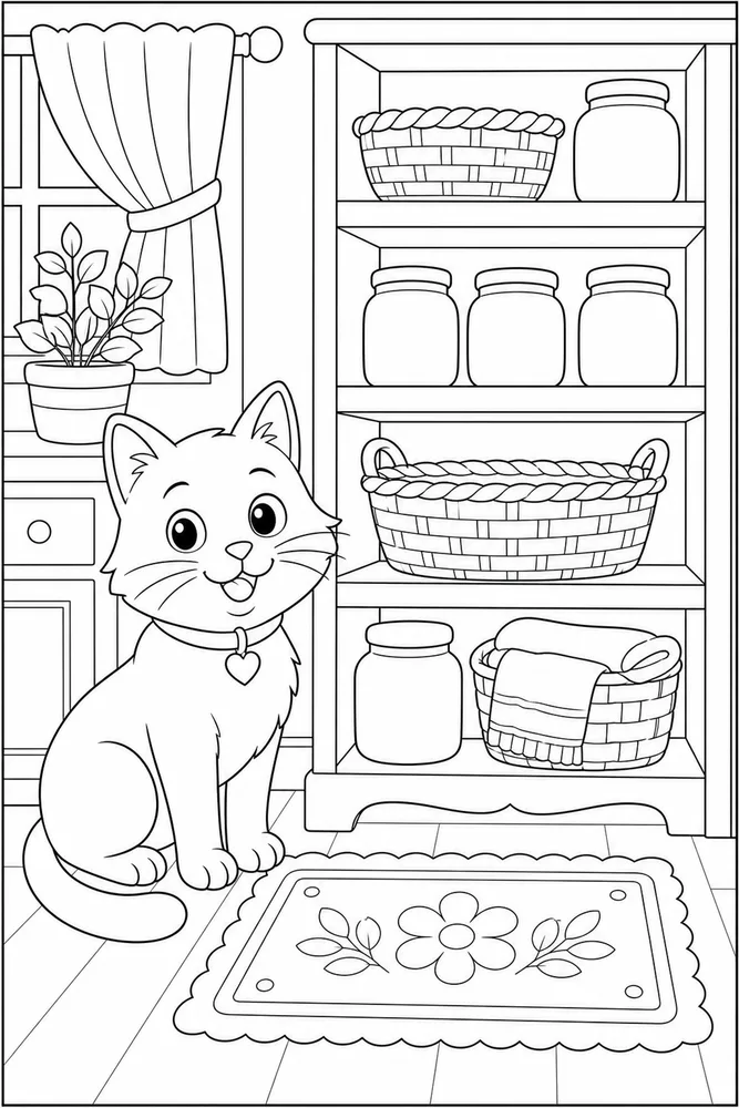 Cat beside pantry shelves with blank jars coloring page