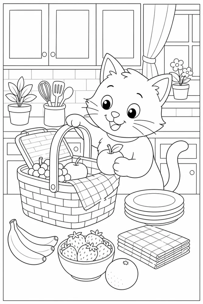 Cat preparing a picnic basket on a kitchen counter coloring page