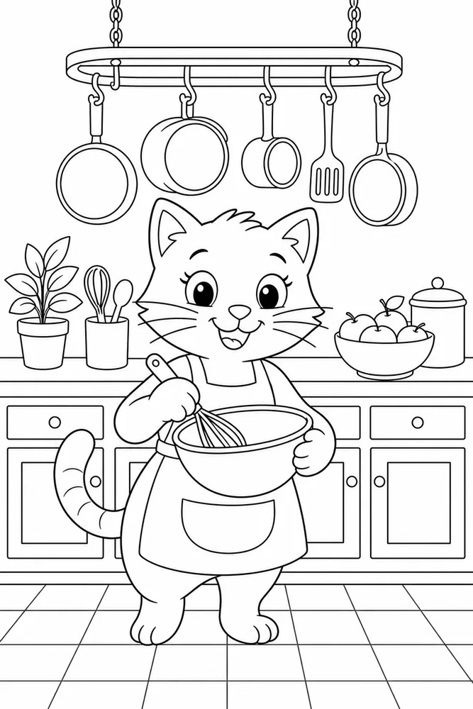 Cat under a hanging pot rack with pans coloring page