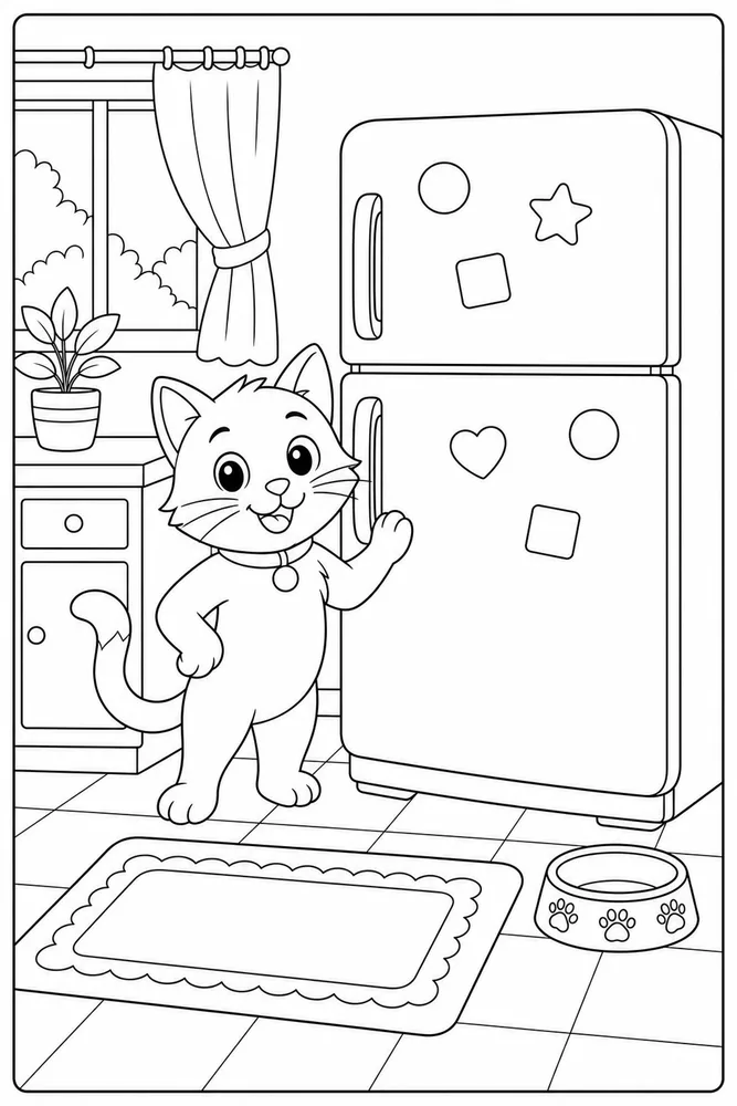 Cat beside a refrigerator with blank magnets coloring page