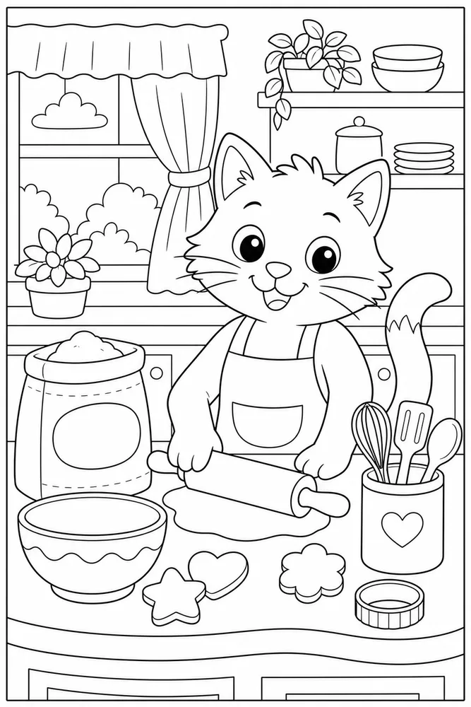 Cat beside a rolling pin on a kitchen counter coloring page