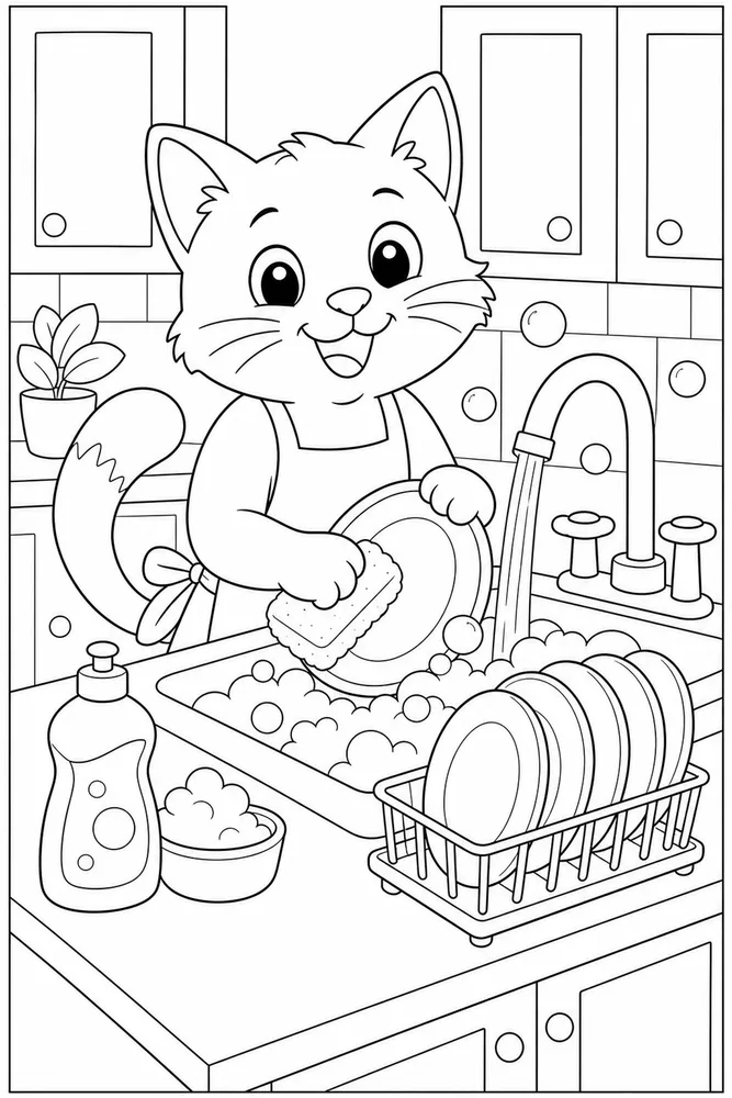 Cat near a kitchen sink with dishes coloring page