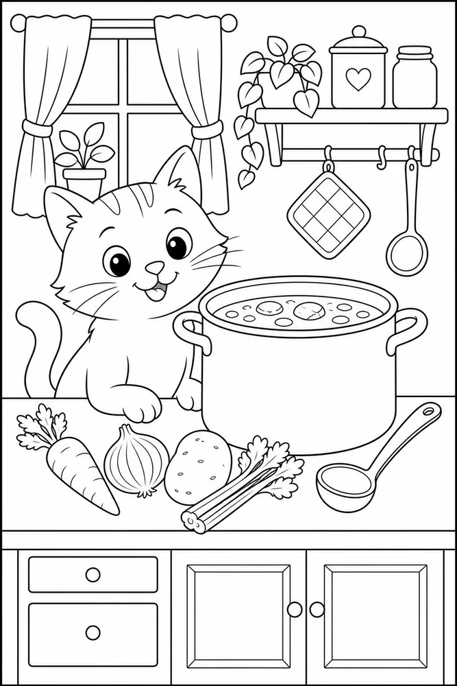 Cat beside a large soup pot and vegetables coloring page