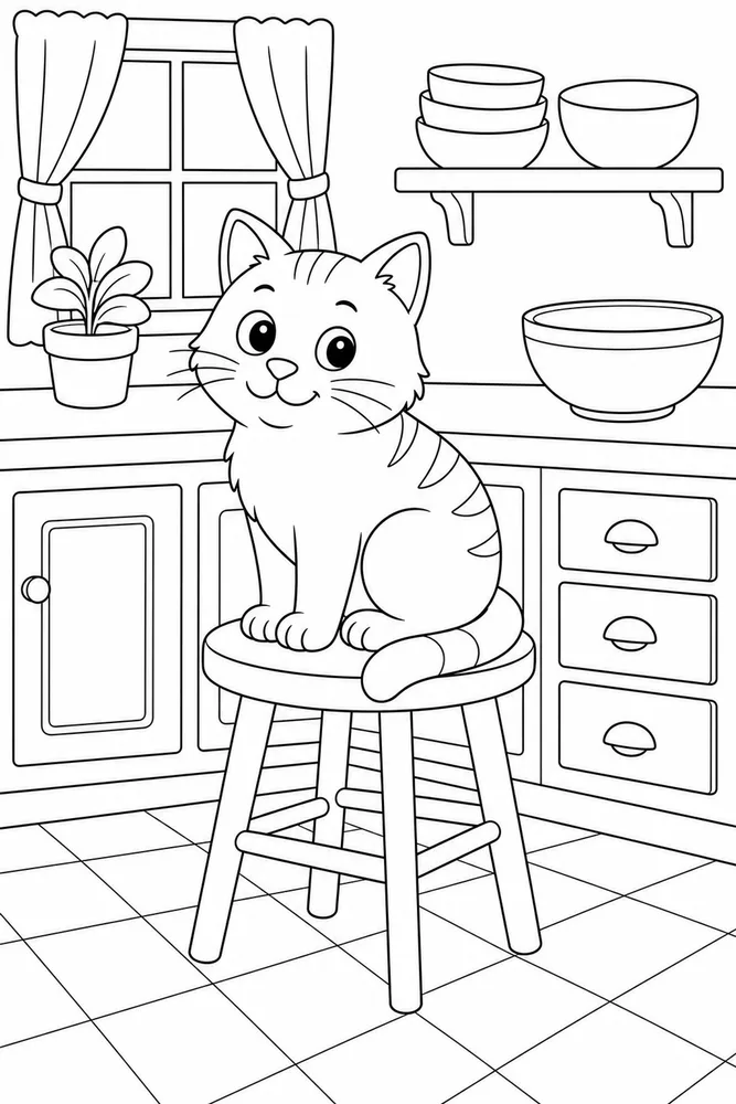 Cat sitting on a kitchen stool beside cabinets coloring page
