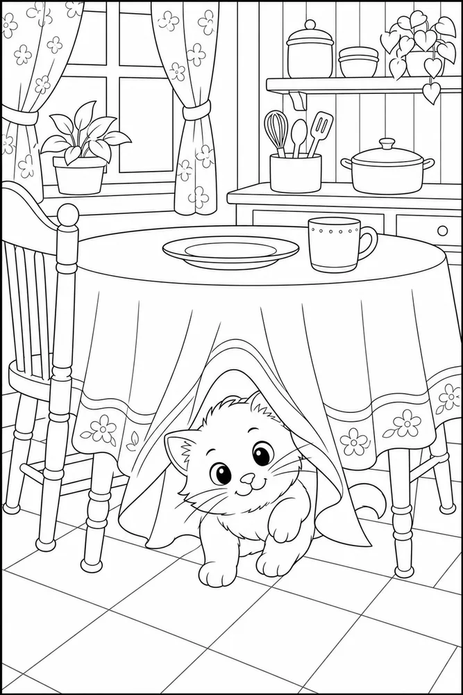 Cat peeking from under a kitchen tablecloth coloring page