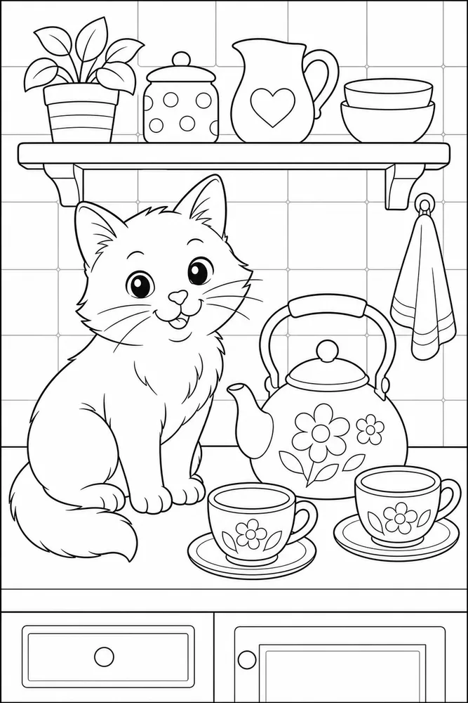 Cat beside a tea kettle and cups coloring page